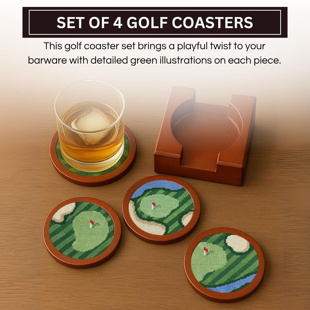 Golf Coasters, Durable Wooden Drink Coasters with Holder